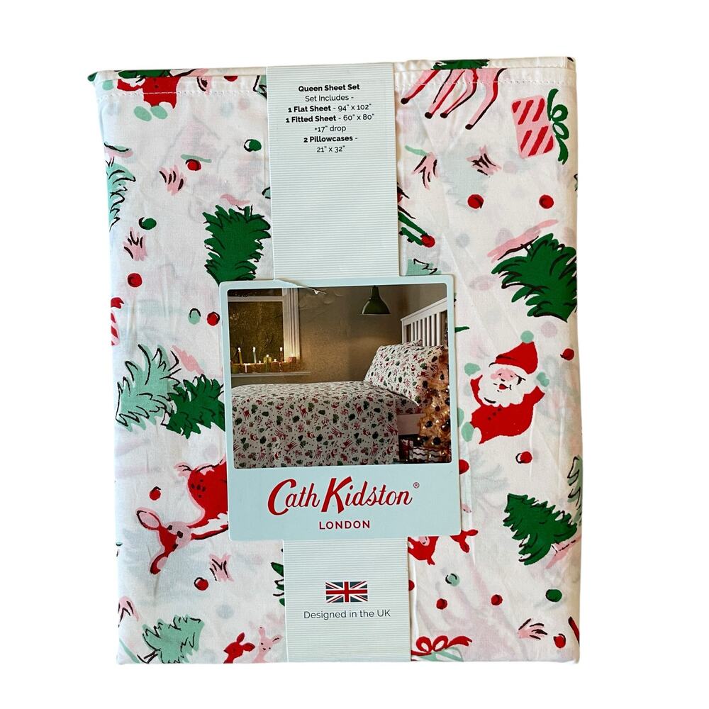 Cath Kidston London 4pc QUEEN Sheet Set Christmas Ditsy Deer Pink Cotton NEW